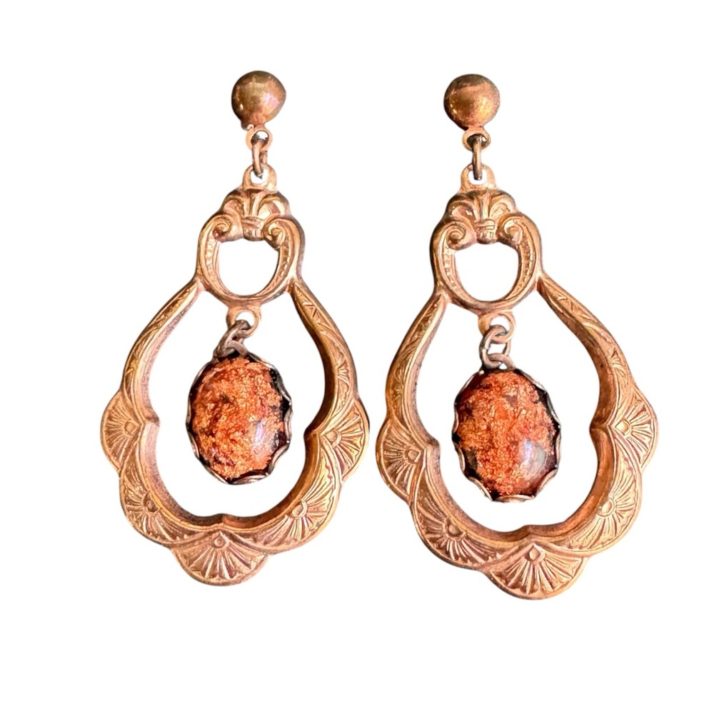 Vintage Sunstone Earrings Copper Tone Drop Dangle Victorian Renaissance Bohemian